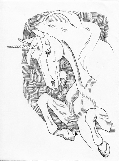 Unicorn pen-and-ink by Jennifer Broschinsky